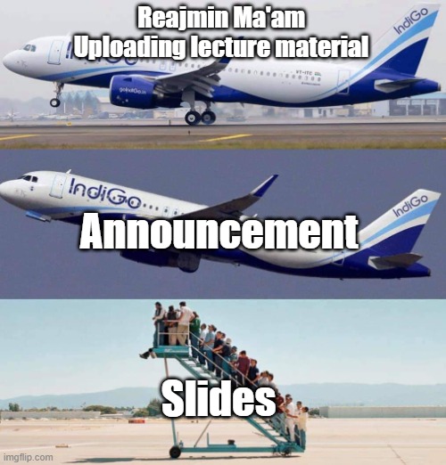 Plane taking off with no passengers | Reajmin Ma'am Uploading lecture material; Announcement; Slides | image tagged in plane taking off with no passengers | made w/ Imgflip meme maker