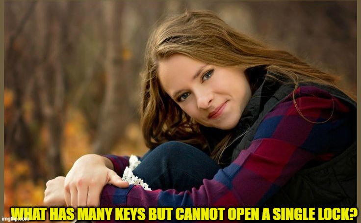 WHAT HAS MANY KEYS BUT CANNOT OPEN A SINGLE LOCK? | image tagged in riddle | made w/ Imgflip meme maker