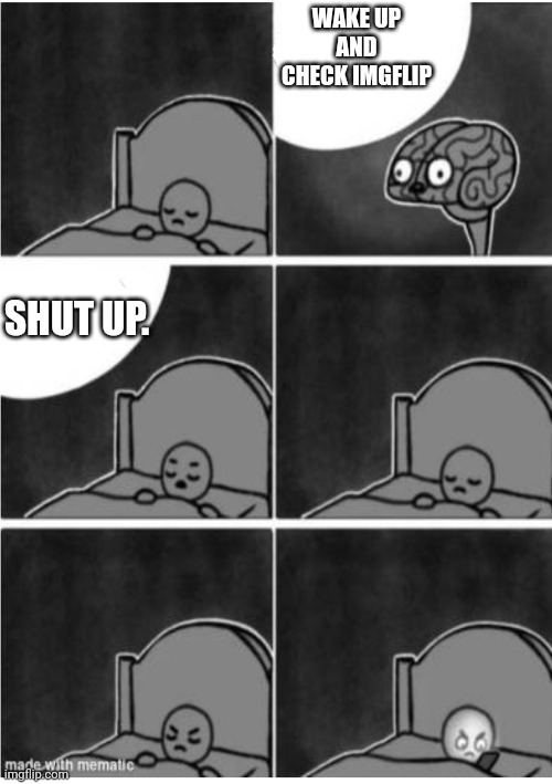 I can't sleep | WAKE UP AND CHECK IMGFLIP; SHUT UP. | image tagged in i can't sleep | made w/ Imgflip meme maker