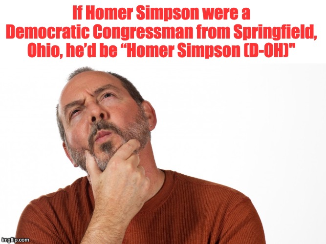 D'oh! | If Homer Simpson were a Democratic Congressman from Springfield, Ohio, he’d be “Homer Simpson (D-OH)" | image tagged in hmmm | made w/ Imgflip meme maker