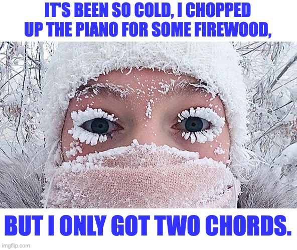 Cold | IT'S BEEN SO COLD, I CHOPPED UP THE PIANO FOR SOME FIREWOOD, BUT I ONLY GOT TWO CHORDS. | image tagged in cold weather | made w/ Imgflip meme maker