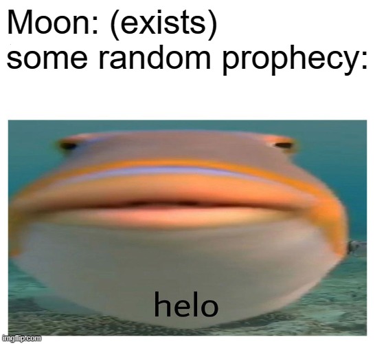 helo fish | Moon: (exists)
some random prophecy: | image tagged in helo fish | made w/ Imgflip meme maker