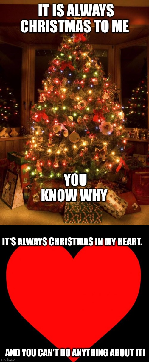 It's always Christmas | IT IS ALWAYS CHRISTMAS TO ME; YOU KNOW WHY; IT'S ALWAYS CHRISTMAS IN MY HEART. AND YOU CAN'T DO ANYTHING ABOUT IT! | image tagged in christmas tree,heart | made w/ Imgflip meme maker