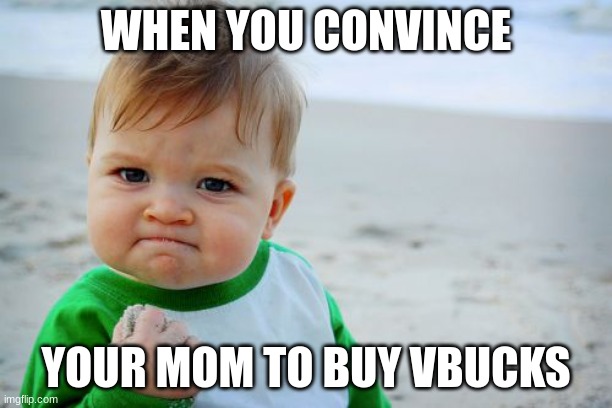 Success Kid Original | WHEN YOU CONVINCE; YOUR MOM TO BUY VBUCKS | image tagged in memes,success kid original | made w/ Imgflip meme maker