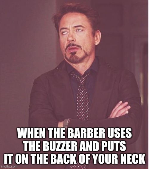 it literally gives me the chills down my entire body | WHEN THE BARBER USES THE BUZZER AND PUTS IT ON THE BACK OF YOUR NECK | image tagged in memes,face you make robert downey jr | made w/ Imgflip meme maker