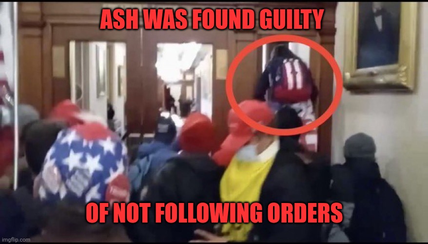 Ash was guilty | ASH WAS FOUND GUILTY; OF NOT FOLLOWING ORDERS | image tagged in ashli babbitt | made w/ Imgflip meme maker