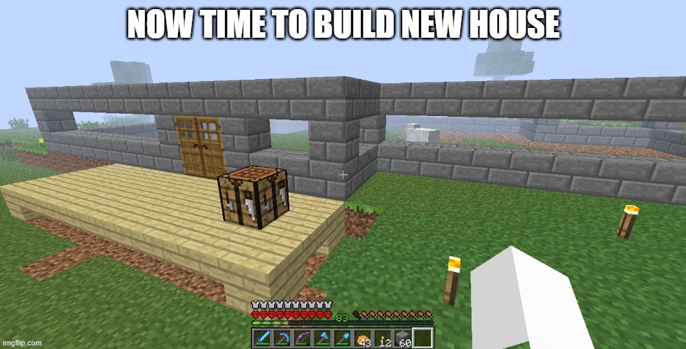 used like 4 stacks of stone brick so far, its gonna have two floors and a basement | NOW TIME TO BUILD NEW HOUSE | made w/ Imgflip meme maker