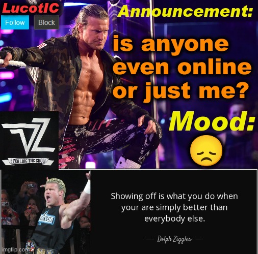 LucotIC's "Dolph Ziggler" template 15# | is anyone even online or just me? 😞 | image tagged in lucotic's dolph ziggler template 15 | made w/ Imgflip meme maker