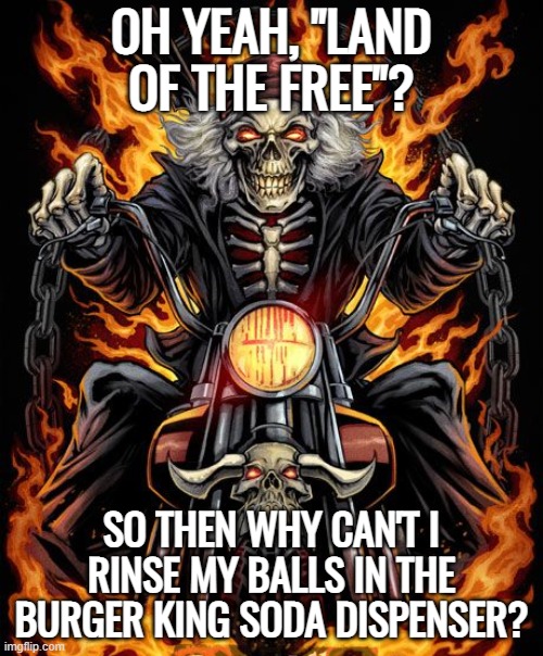 edgy skeleton | OH YEAH, "LAND OF THE FREE"? SO THEN WHY CAN'T I RINSE MY BALLS IN THE BURGER KING SODA DISPENSER? | image tagged in edgy skeleton | made w/ Imgflip meme maker