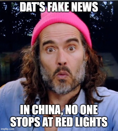 Russell Brand | DAT'S FAKE NEWS IN CHINA, NO ONE STOPS AT RED LIGHTS | image tagged in russell brand | made w/ Imgflip meme maker