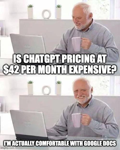ChatGPT Pricing | IS CHATGPT PRICING AT $42 PER MONTH EXPENSIVE? I'M ACTUALLY COMFORTABLE WITH GOOGLE DOCS | image tagged in memes,hide the pain harold | made w/ Imgflip meme maker