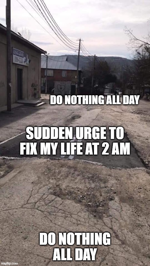 yes | DO NOTHING ALL DAY; SUDDEN URGE TO FIX MY LIFE AT 2 AM; DO NOTHING ALL DAY | image tagged in road repaired patch | made w/ Imgflip meme maker