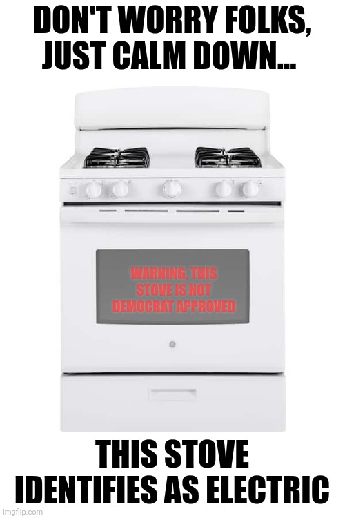 Can you believe Democrats thought they would get support for banning stoves? | DON'T WORRY FOLKS, JUST CALM DOWN... WARNING, THIS STOVE IS NOT DEMOCRAT APPROVED; THIS STOVE IDENTIFIES AS ELECTRIC | image tagged in cooking,gas,democrats,embarrassing,whoops,stupid people | made w/ Imgflip meme maker