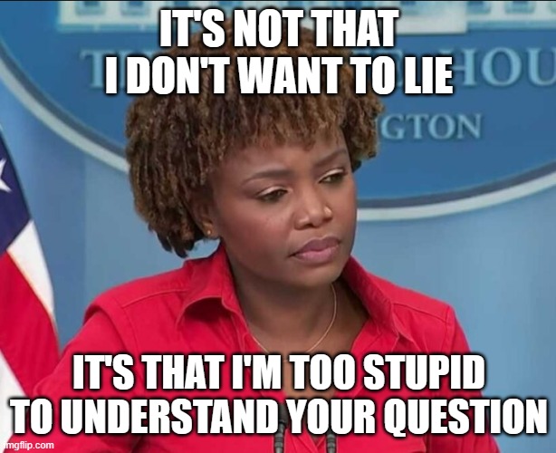 Karine Jean-Pierre | IT'S NOT THAT I DON'T WANT TO LIE IT'S THAT I'M TOO STUPID TO UNDERSTAND YOUR QUESTION | image tagged in karine jean-pierre | made w/ Imgflip meme maker