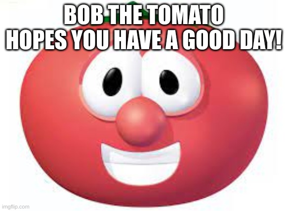 bob wants u to have a good day | BOB THE TOMATO HOPES YOU HAVE A GOOD DAY! | image tagged in memes,funny,fyp,upvote,fruit | made w/ Imgflip meme maker