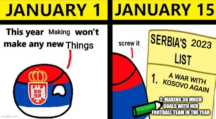 Kebab in serbia | Making; 2023; Things; A WAR WITH KOSOVO AGAIN; 2. MAKING 30 MUCH GOALS WITH HER FOOTBALL TEAM IN THE YEAR | image tagged in serbia's list | made w/ Imgflip meme maker