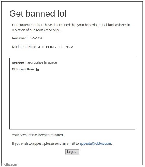 Roblox today be like | Get banned lol; 1/23/2023; STOP BEING OFFENSIVE; Inappropriate language; hi | image tagged in moderation system | made w/ Imgflip meme maker