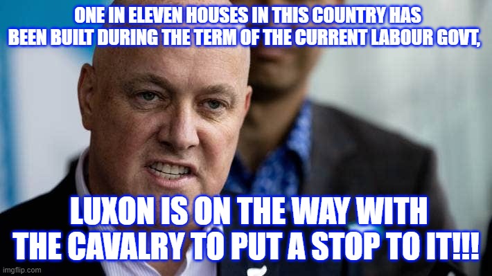 ONE IN ELEVEN HOUSES IN THIS COUNTRY HAS BEEN BUILT DURING THE TERM OF THE CURRENT LABOUR GOVT, LUXON IS ON THE WAY WITH THE CAVALRY TO PUT A STOP TO IT!!! | made w/ Imgflip meme maker