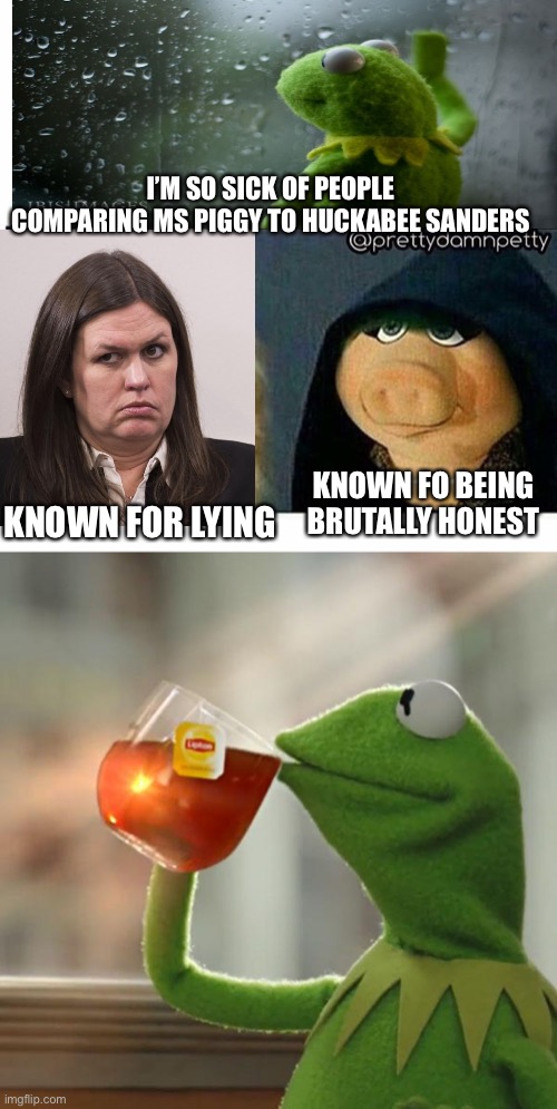 I’M SO SICK OF PEOPLE COMPARING MS PIGGY TO HUCKABEE SANDERS; KNOWN FO BEING BRUTALLY HONEST; KNOWN FOR LYING | image tagged in ms piggy inner me,memes,but that's none of my business | made w/ Imgflip meme maker