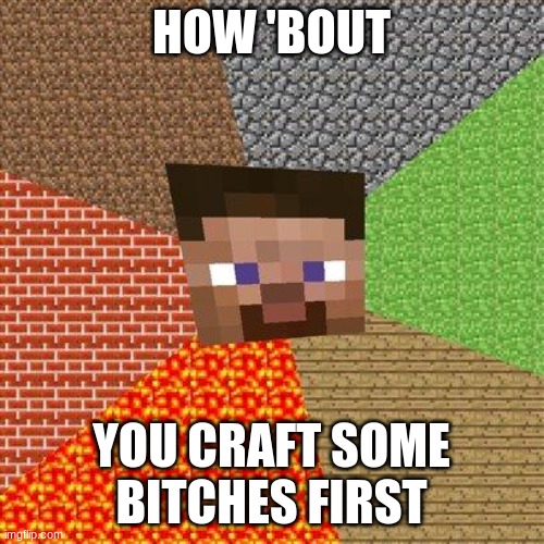 Minecraft Steve | HOW 'BOUT YOU CRAFT SOME BITCHES FIRST | image tagged in minecraft steve | made w/ Imgflip meme maker