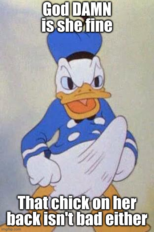 Horny Donald Duck | God DAMN is she fine That chick on her back isn't bad either | image tagged in horny donald duck | made w/ Imgflip meme maker