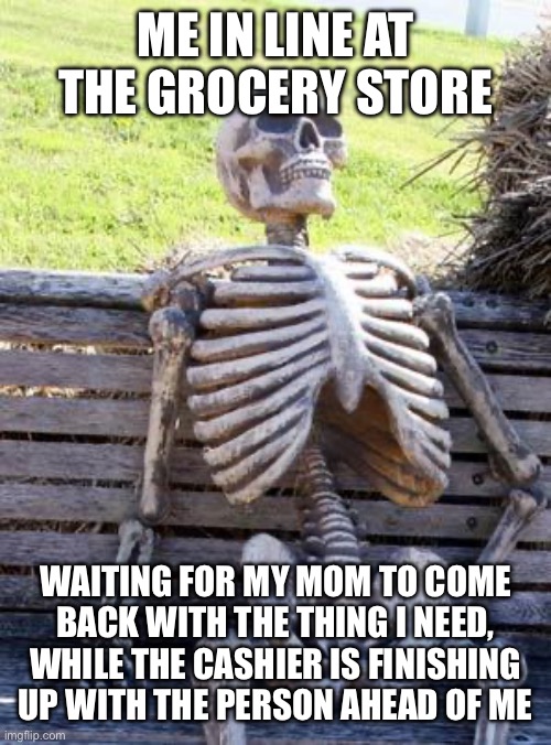 Relatable | ME IN LINE AT THE GROCERY STORE; WAITING FOR MY MOM TO COME BACK WITH THE THING I NEED, WHILE THE CASHIER IS FINISHING UP WITH THE PERSON AHEAD OF ME | image tagged in memes,waiting skeleton | made w/ Imgflip meme maker