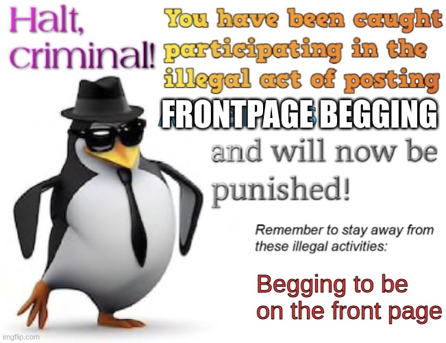 Halt, criminal! You’re caught posting advertisement | FRONTPAGE BEGGING Begging to be on the front page | image tagged in halt criminal you re caught posting advertisement | made w/ Imgflip meme maker