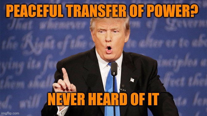 Donald Trump Wrong | PEACEFUL TRANSFER OF POWER? NEVER HEARD OF IT | image tagged in donald trump wrong | made w/ Imgflip meme maker