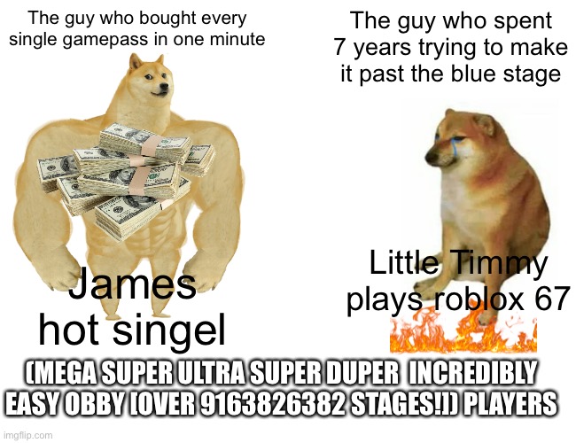 Your average rich robloxian | The guy who bought every single gamepass in one minute; The guy who spent 7 years trying to make it past the blue stage; James hot singel; Little Timmy plays roblox 67; (MEGA SUPER ULTRA SUPER DUPER  INCREDIBLY EASY OBBY [OVER 9163826382 STAGES!]) PLAYERS | image tagged in memes,buff doge vs cheems | made w/ Imgflip meme maker