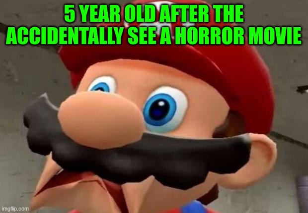 Mario WTF | 5 YEAR OLD AFTER THE ACCIDENTALLY SEE A HORROR MOVIE | image tagged in mario wtf,5 year olds,horror,funny memes,super mario bros | made w/ Imgflip meme maker