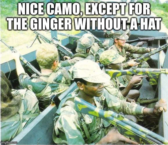 camo | NICE CAMO, EXCEPT FOR THE GINGER WITHOUT A HAT | image tagged in camouflage | made w/ Imgflip meme maker