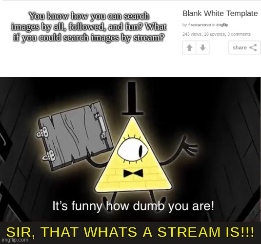 Dumb | SIR, THAT WHATS A STREAM IS!!! | image tagged in bill cypher it's funny how dumb you are | made w/ Imgflip meme maker