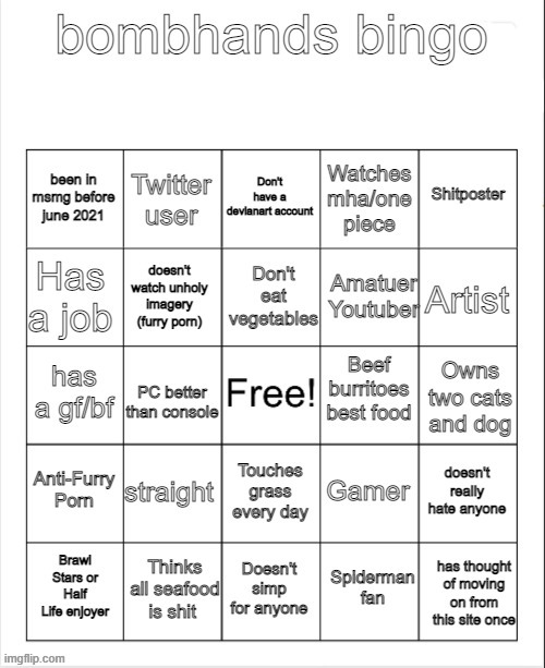 made a new and updated bingo of me | image tagged in bombhands bingo | made w/ Imgflip meme maker