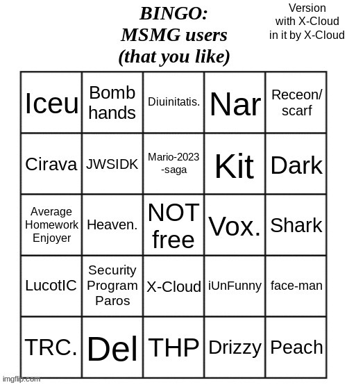 comment your favorites | image tagged in msmg bingo with x-cloud | made w/ Imgflip meme maker