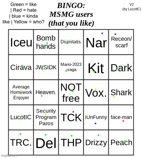 MSMG Users Bingo | Green = like | Red = hate | blue = kinda like | Yellow = who? | image tagged in msmg users bingo | made w/ Imgflip meme maker