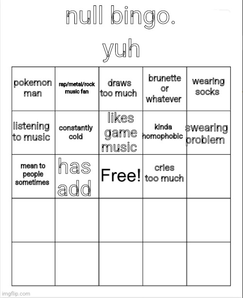 don't wanna finish it | yuh; null bingo. draws too much; rap/metal/rock music fan; wearing socks; pokemon man; brunette or whatever; likes game music; listening to music; swearing problem; kinda homophobic; constantly cold; cries too much; mean to people sometimes; has add | image tagged in blank bingo | made w/ Imgflip meme maker