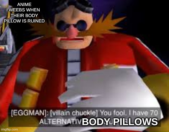 comment your fav sonic game | ANIME WEEBS WHEN THEIR BODY PILLOW IS RUINED; BODY PILLOWS | image tagged in eggman alternative accounts | made w/ Imgflip meme maker