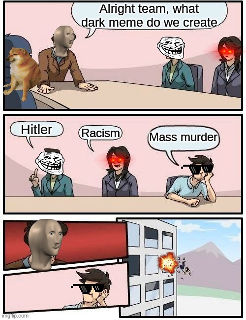 how memes are made | Alright team, what dark meme do we create; Hitler; Mass murder; Racism | image tagged in memes,boardroom meeting suggestion | made w/ Imgflip meme maker