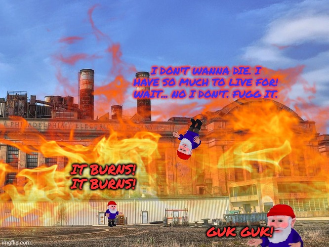 Stop these crimes against the peaceful gnome empire! | I DON'T WANNA DIE. I HAVE SO MUCH TO LIVE FOR! WAIT... NO I DON'T. FUGG IT. IT BURNS! IT BURNS! GUK GUK! | image tagged in war criminal,bombing,gnomes | made w/ Imgflip meme maker