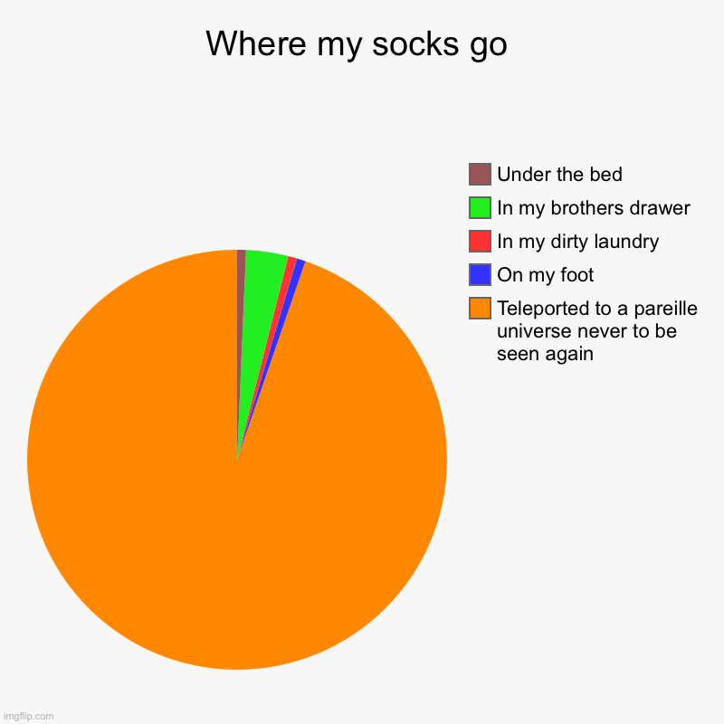 Where my socks go | Teleported to a pareille universe never to be seen again, On my foot, In my dirty laundry, In my brothers drawer , Under | image tagged in charts,pie charts | made w/ Imgflip chart maker