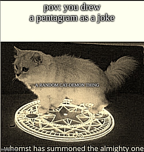 welp, you know whats next | pov: you drew a pentagram as a joke; A RANDOM CAT-DEMON THING | image tagged in who has summoned the almighty one,rip,funny cat memes | made w/ Imgflip meme maker
