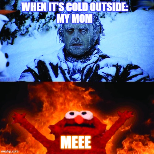 winter weather | WHEN IT'S COLD OUTSIDE:
MY MOM; MEEE | image tagged in cold vs hot | made w/ Imgflip meme maker