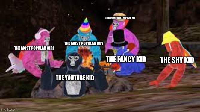 School kids anywhere but school portrayed by gorilla tag. | THE SECOND MOST POPULAR KID; THE MOST POPULAR BOY; THE MOST POPULAR GIRL; THE FANCY KID; THE SHY KID; THE YOUTUBE KID | image tagged in gorilla tag | made w/ Imgflip meme maker