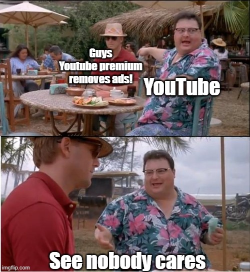 See Nobody Cares Meme | Guys Youtube premium removes ads! YouTube; See nobody cares | image tagged in memes,see nobody cares | made w/ Imgflip meme maker