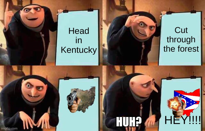 SURPRISE!!!! | Head in Kentucky; Cut through the forest; HEY!!!! HUH? | image tagged in memes,gru's plan | made w/ Imgflip meme maker