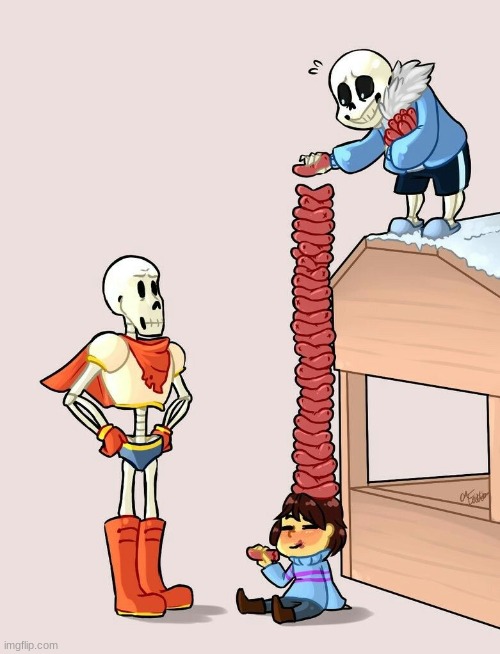 Papyrus watches Sans put hot dogs on Frisk's head | image tagged in papyrus,sans,frisk,funny,hot dogs | made w/ Imgflip meme maker