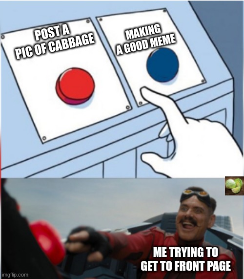 front page be like | MAKING A GOOD MEME; POST A PIC OF CABBAGE; ME TRYING TO GET TO FRONT PAGE | image tagged in robotnik pressing red button | made w/ Imgflip meme maker