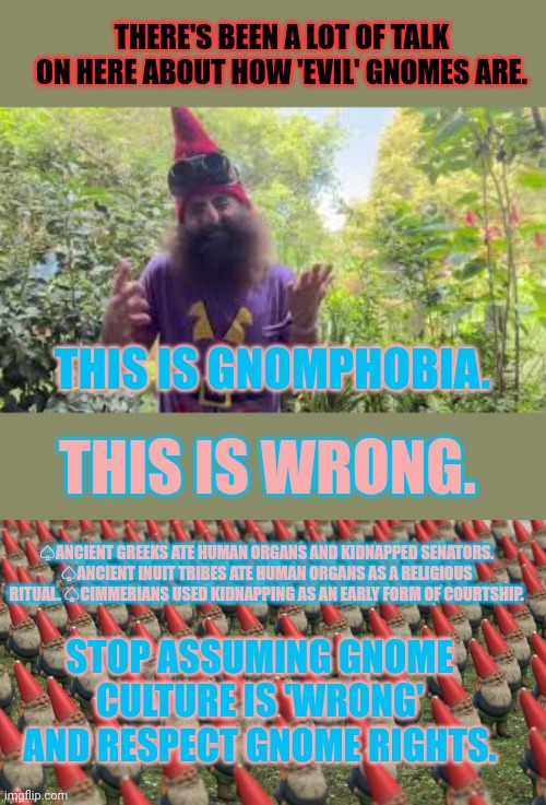 Torches blazed and sacred chants were praised As they start to cry, hands held to the sky | THERE'S BEEN A LOT OF TALK ON HERE ABOUT HOW 'EVIL' GNOMES ARE. THIS IS GNOMPHOBIA. THIS IS WRONG. ♤ANCIENT GREEKS ATE HUMAN ORGANS AND KIDNAPPED SENATORS. ♤ANCIENT INUIT TRIBES ATE HUMAN ORGANS AS A RELIGIOUS RITUAL. ♤CIMMERIANS USED KIDNAPPING AS AN EARLY FORM OF COURTSHIP. STOP ASSUMING GNOME CULTURE IS 'WRONG' AND RESPECT GNOME RIGHTS. | image tagged in stop it get some help,gnomes,are people too | made w/ Imgflip meme maker