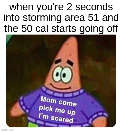 yippy | when you're 2 seconds into storming area 51 and the 50 cal starts going off | image tagged in patrick mom come pick me up i'm scared | made w/ Imgflip meme maker