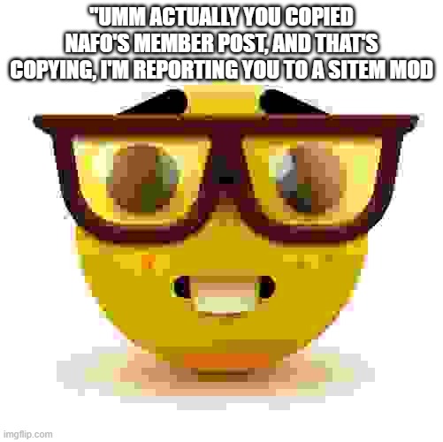 Nerd emoji | "UMM ACTUALLY YOU COPIED NAFO'S MEMBER POST, AND THAT'S COPYING, I'M REPORTING YOU TO A SITEM MOD | image tagged in nerd emoji | made w/ Imgflip meme maker